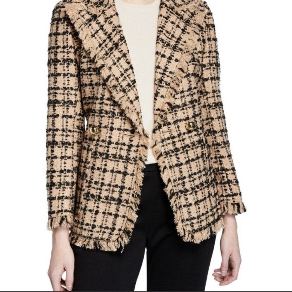 $428 Kate Spade Women's Plaid Tweed Blazer Fringed Bicolor Tan Black Size 0